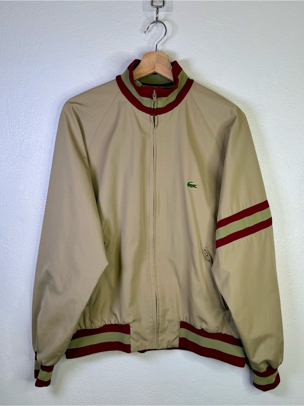 Vintage 70s 80s Izod Lacoste Men's Tan Red Bomber Jacket Windbreaker Size Large